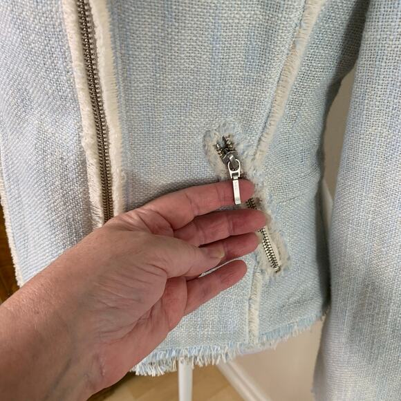 Sundance Sz 10 Cotton Tweed Blazer Jacket Blue Ivory Full Zip Raw Fringe Pockets - Picture 5 of 9